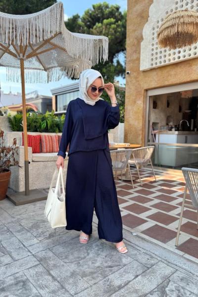 Bluzu Pelerinli Memory Kupra Pantolon Takım Lacivert