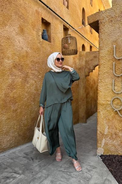 Bluzu Pelerinli Memory Kupra Pantolon Takım Yeşil