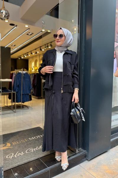 Büzgü ve Cep Detaylı Etekli Takım Siyah