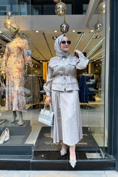 Büzgü ve Cep Detaylı Etekli Takım Taş Rengi