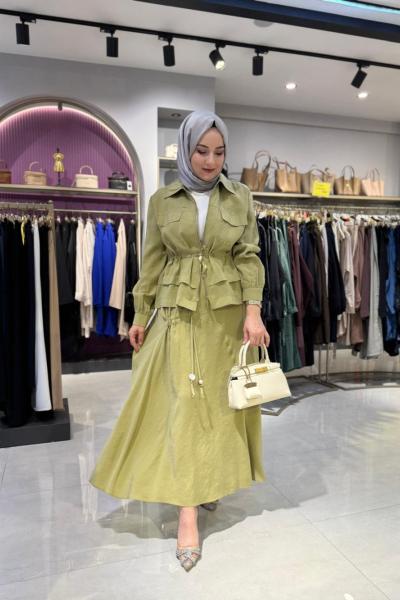 Büzgü ve Cep Detaylı Etekli Takım Yeşil