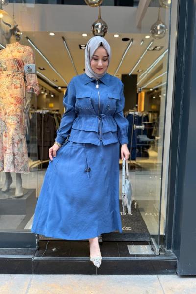 Büzgü ve Cep Detaylı Etekli Takım İndigo Mavi