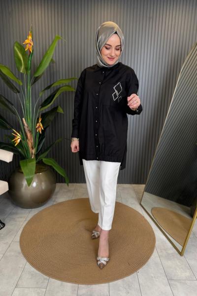 Cebi Pul İşlemeli Poplin Gömlek Siyah