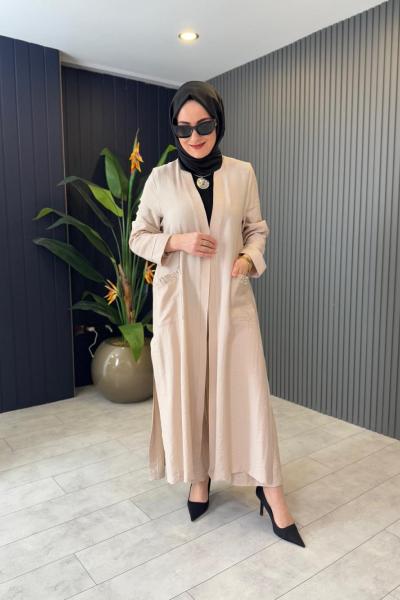 Cep Taş Detaylı Keten Pontolonlu Takım Bej