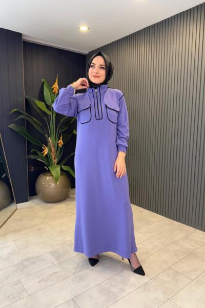 Cepli ve Biye Detaylı Elbise Mor