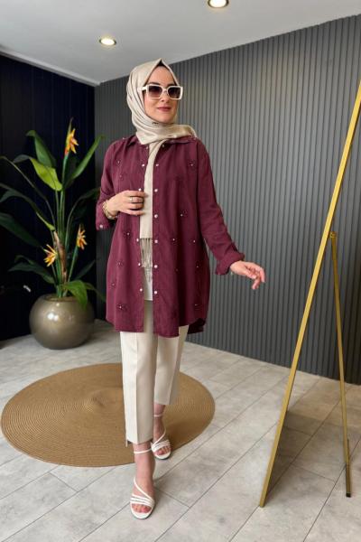 Çiçek İşlemeli Tencel Gömlek Bordo