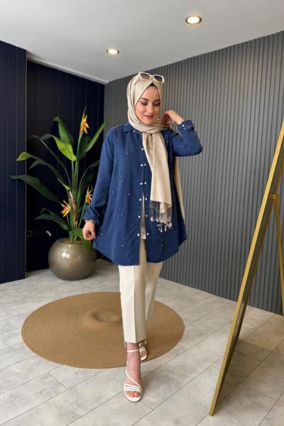 Çiçek İşlemeli Tencel Gömlek Lacivert