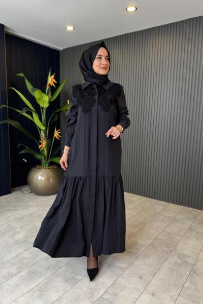 Çiçek İşlemeli Elbise Siyah