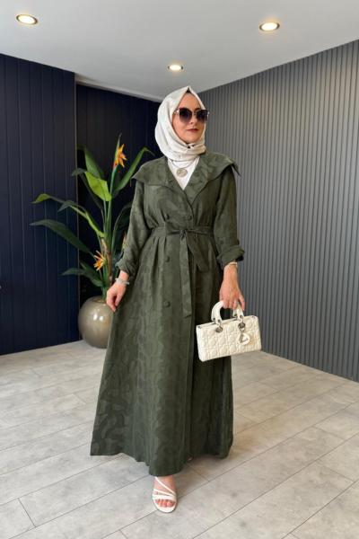 Çift Düğmeli Tam Boy Ferace/Kap Haki