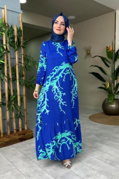 Fiyonk Düğmeli Elbise Saks Mavisi