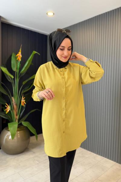 Çizgili Likralı Krep Gömlek Yağ Yeşili