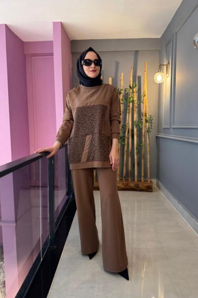 Dantel Detaylı Çelik Örme Takım Camel