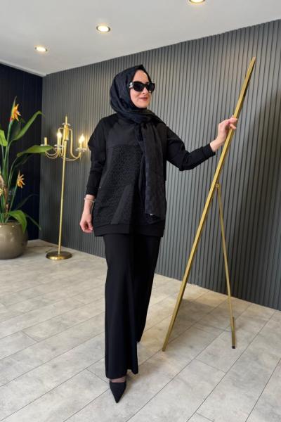 Dantel Detaylı Çelik Örme Takım Siyah