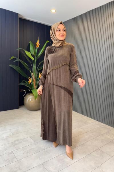 Dantel Şeritli Elbise Kahve