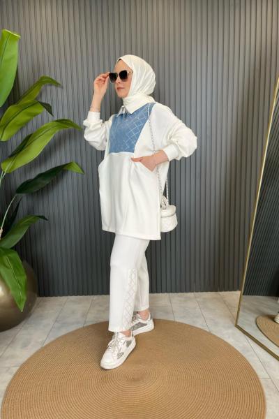 Denim Garnili Takım Ekru