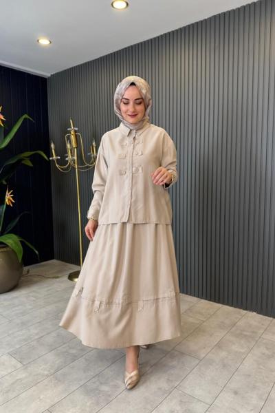 Deri Detaylı Eteği Deri Bantlı Takım Taş Rengi