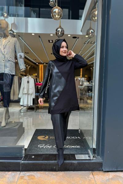 Deri Garni Sweat Pantolon Takım Siyah Siyah