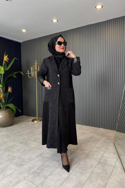 Deri Ve File Detaylı Jakar Kap Siyah