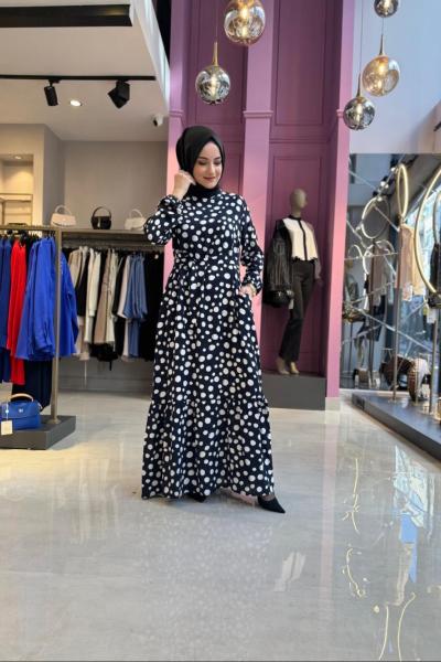 Desenli Elbise Lacivert