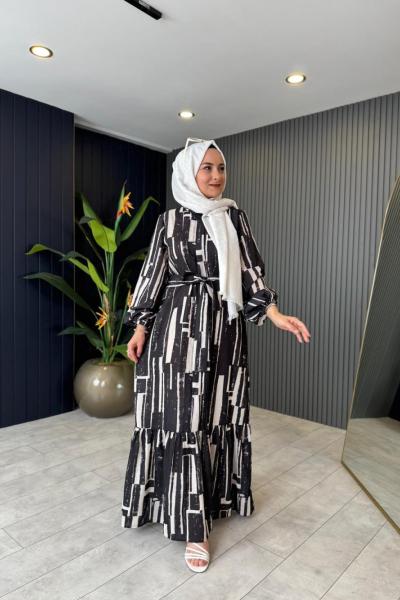 Desenli Keten Elbise Siyah