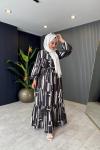 Desenli Keten Elbise Siyah