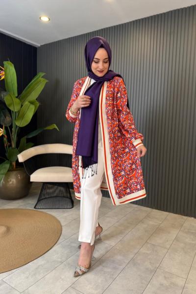 Dijital Baskılı Ribana Detaylı Ceket Oranj