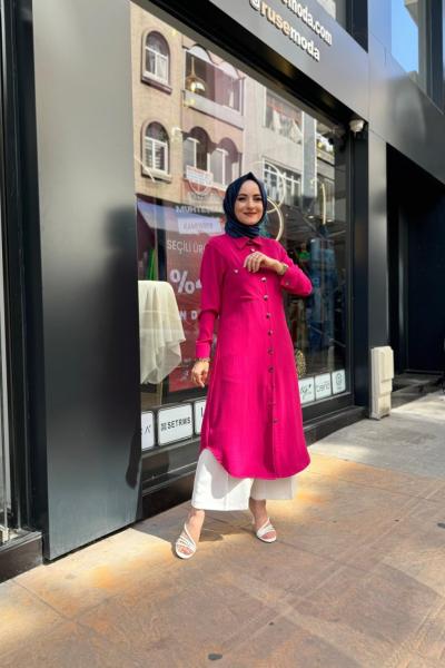 Düğme Detay Cepli Tunik Fuşya