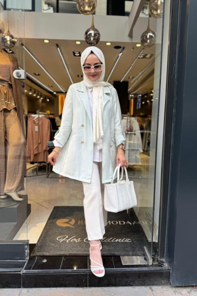 Düğme Detaylı Cupra Ceket  Mint Yeşili