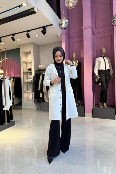 Düğmeli Krep Ceket Ekru