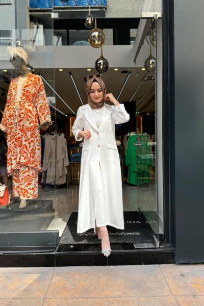 Düğmeli Uzun Krep Ceket Ekru