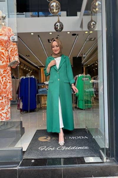 Düğmeli Uzun Krep Ceket Zümrüt