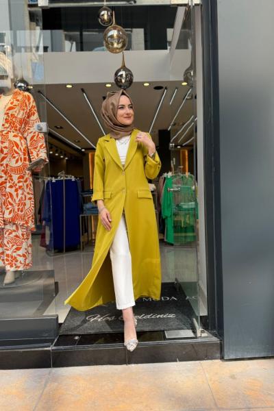 Düğmeli Uzun Krep Ceket Yağ Yeşili