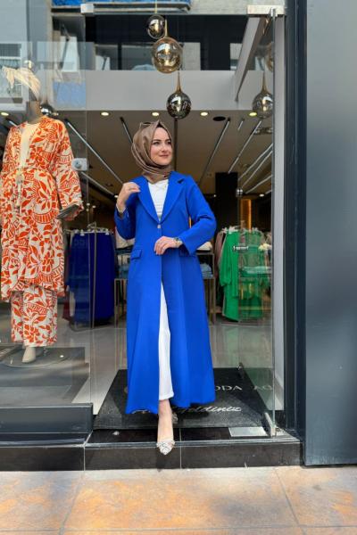 Düğmeli Uzun Krep Ceket Saks Mavisi