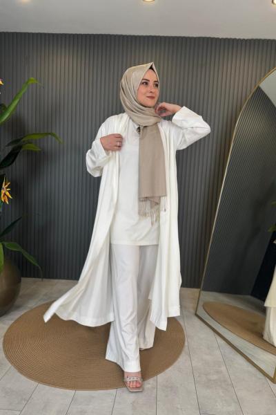 Eteği Katlı Dikişli Arkası Aller Detaylı Uzun Bambu Kap Üçlü Takım Ekru