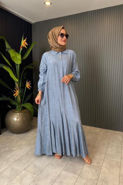 Etek Ucu Çan Düğmeli Batik Elbise Mavi