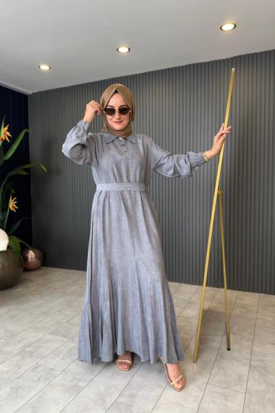 Etek Ucu Çan Düğmeli Batik Elbise Gri