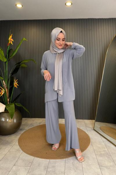 Etek Ucu Şifon Detaylı Bol Paça Sandy Pantolon Takım Gri