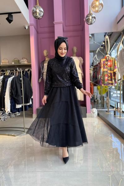 Etekli Abiye Takım Pullu Siyah