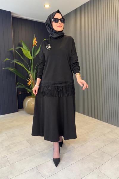 Fırfır Detaylı Etekli Takım Siyah