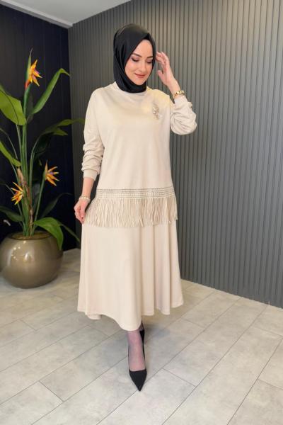 Fırfır Detaylı Etekli Takım Bej