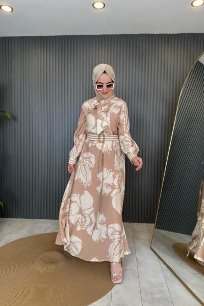 Fularlı Beli Kemerli Elbise Camel