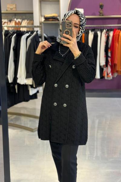 Havlu Örgülü Kruvaze Rayon Triko Hırka Siyah