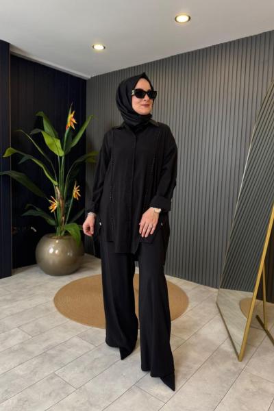 İki yanı Yırtmaçlı Ön Kupları Apara Detaylı Verona Takım Siyah