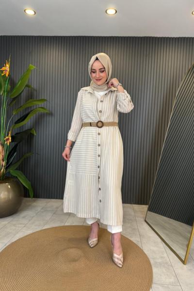 İnçe Çizgili Keten Uzun Gömlek Bej