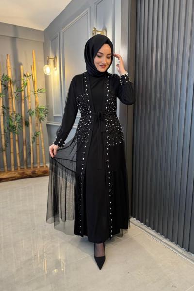 İnci Detaylı Elbise Siyah Siyah