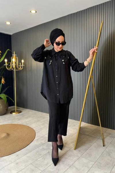 İnci Detaylı Gömlek Siyah