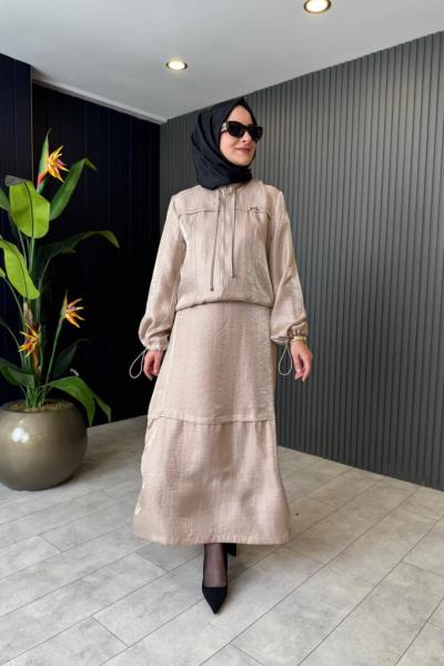 Kalları Bağcık Detay Qupra Etek Takım Vizon