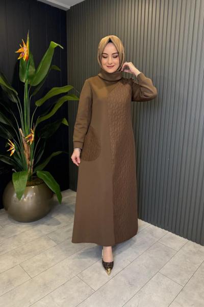 Kapitone Garnili Elbise Kahverengi Kahverengi