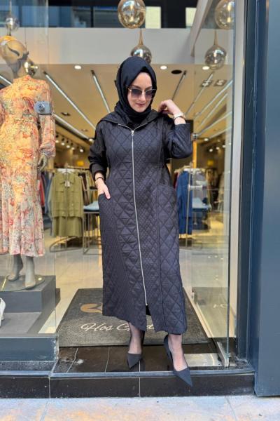 Kapüşonü Fermuar Detaylı Baklava Kapitone Kap Siyah