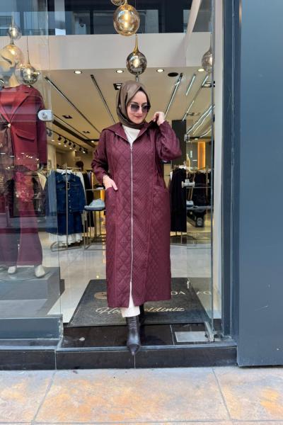 Kapüşonü Fermuar Detaylı Baklava Kapitone Kap Bordo